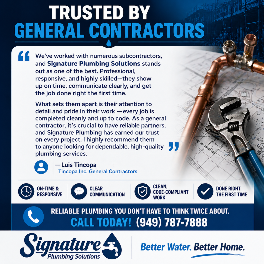 Reliable plumber Orange County testimonial from general contractor